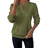 Rjognt Women's Half Zip Quilted Pullover Sweatshirts Crew Neck Long Sleeve Tops Textured Solid Casual Fashion Fall Sweaters