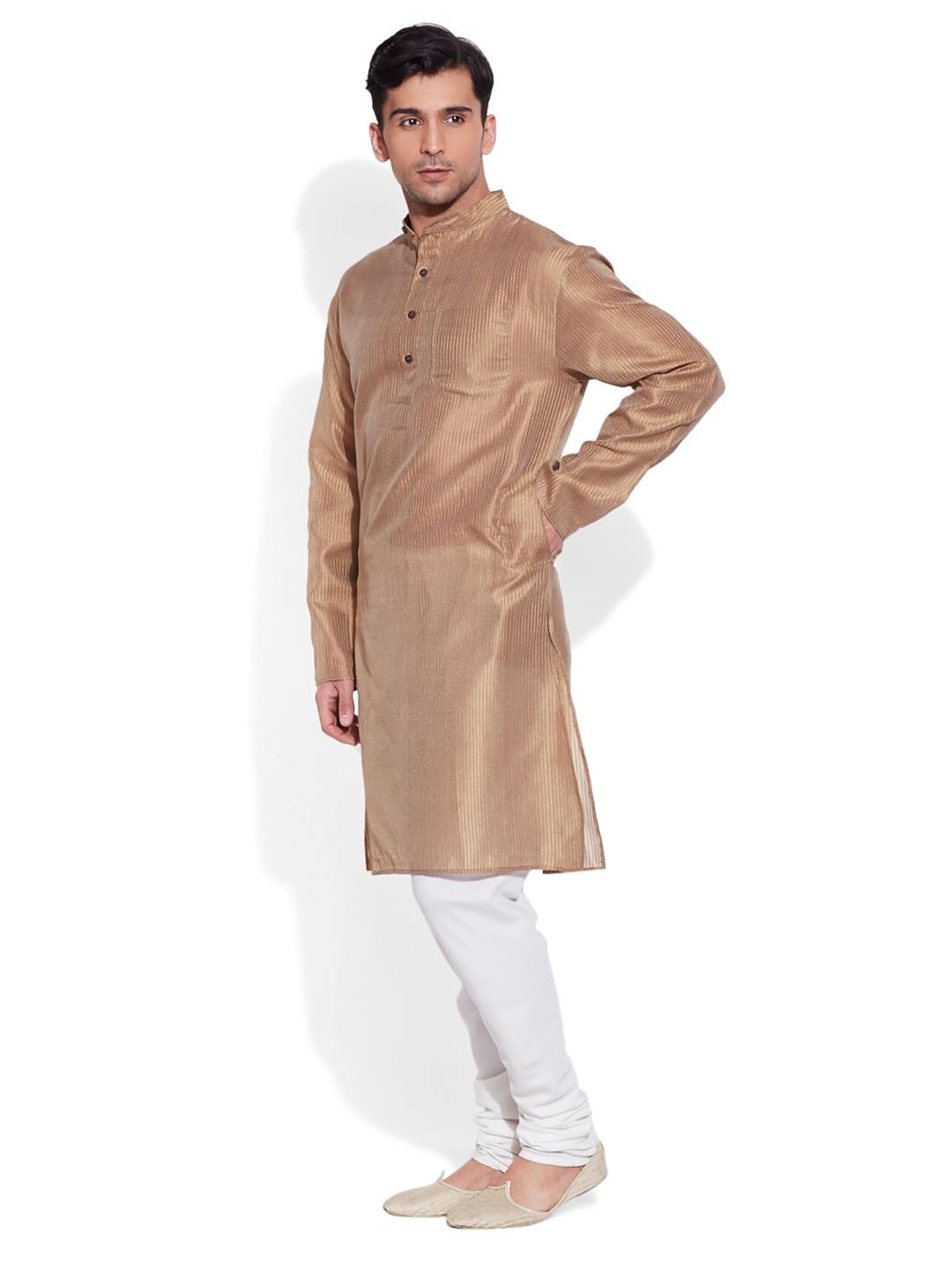 very me men's designer beige faux silk textured long kurta