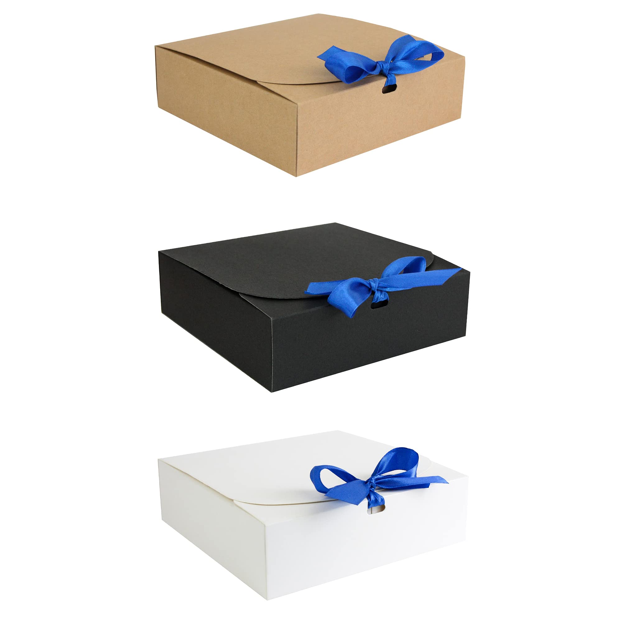 Emartbuy Pack of 12 Gift Boxes, 16.5 cm x 16.5 cm x 5 cm, Easy Assembly, White, Brown and Black Kraft Box with Dark Blue Bow Ribbon