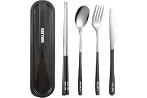 INKULEER Travel cutlery set, 18/8 stainless steel cutlery, Reusable utensils set with case, Portable Silverware Lunch Box for Camping and Office (Black/knife set)