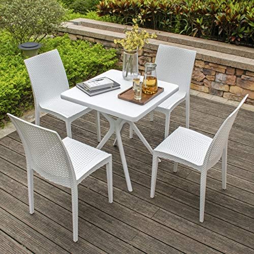 Fainty White Outdoor Dining Table Chairs Set of 5,Garden Patio Dining Set Outdoor Garden Furniture - 70x70CM Table and 4 x Stacking Chairs for Garden/Patio/Restaurant/Cafe