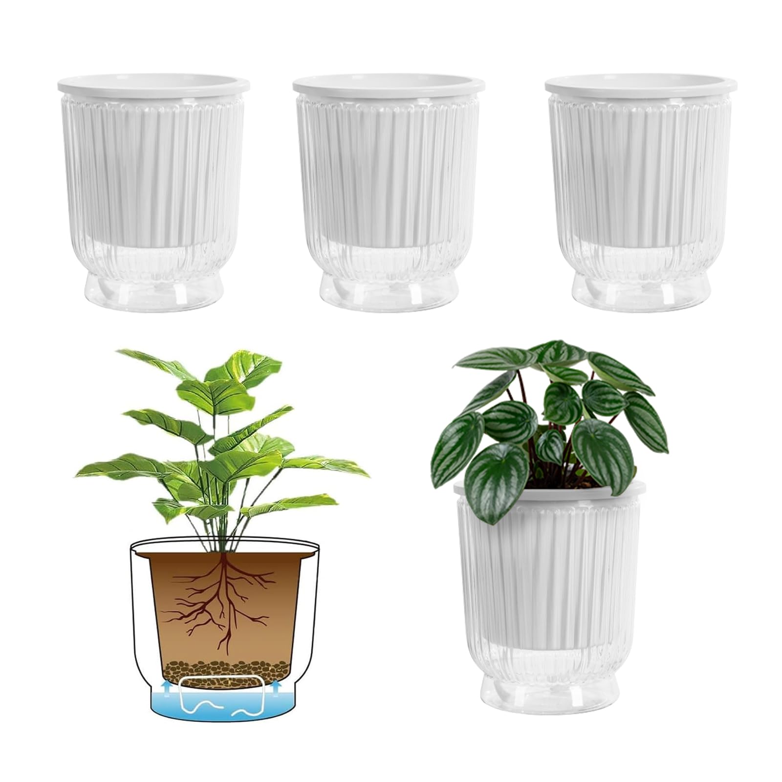 ACESOME 4Pcs Self Watering Plant Pot, Transparent Plastic Plant Pots Indoor with Cotton Rope and Reservoir, Flower Pots Outdoor Self Watering Plant Pot, Fashion Plant Pots (Clear, 12 x 14.5 cm)