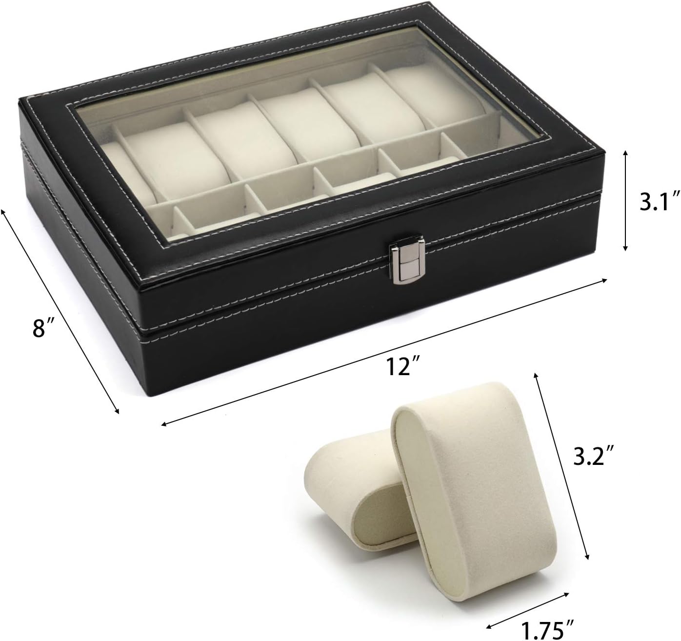 Hedume 12 Slot Leather Watch Box Display Case Organizer with Framed Glass Lid Elegant Contrast and Removable Pillow for Men and Women Watch and Jewelry Large Holder Boxes: Home Improvement