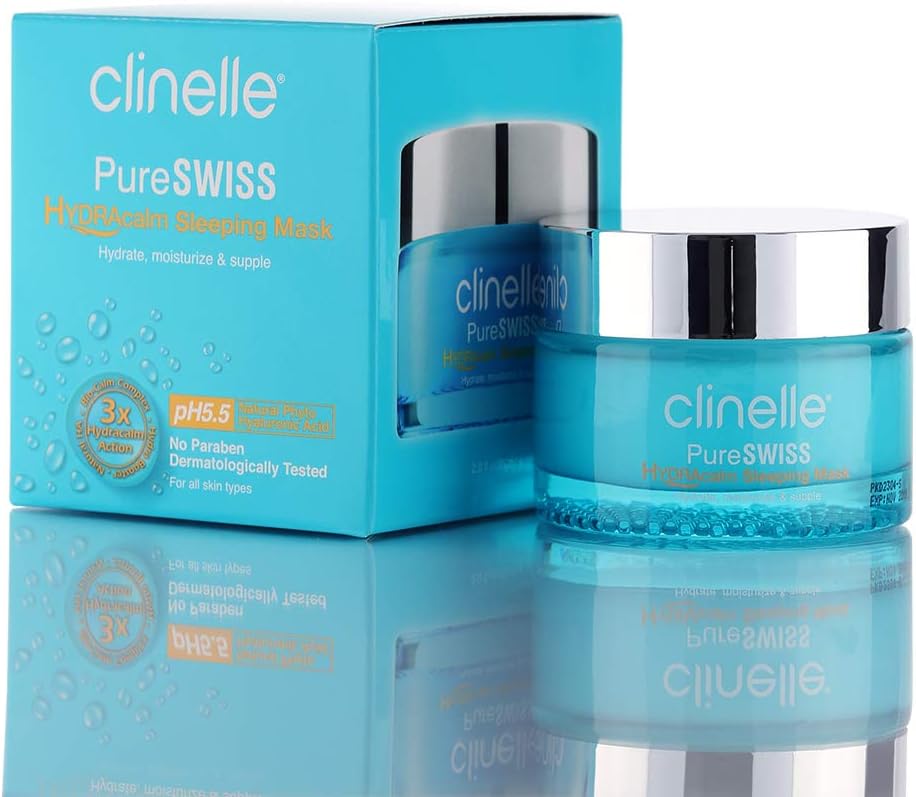 Clinelle PureSWISS Hydracalm Sleeping Mask 60ml - A Cooling And Refreshing Light Cream Gel Sleeping Mask Provides Optimum Hydration | Paraben Free, Lanolin Free, Mineral Oil Free