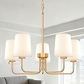 Laiebri Farmhouse Chandelier, 5-Light Gold Chandelier with White Fabric Shade, Height Adjustable Modern Dining Room Light Fix