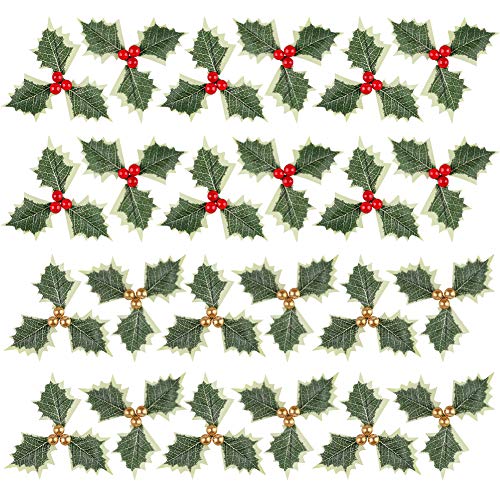 BigOtters Artificial Holly Berries with Green Leaves, 24PCS Gold and Red Holly Berry Flower with Leaves for Christmas Wreath Arrangement Cake Toppers Craft Wedding Party Home Gift Decorations