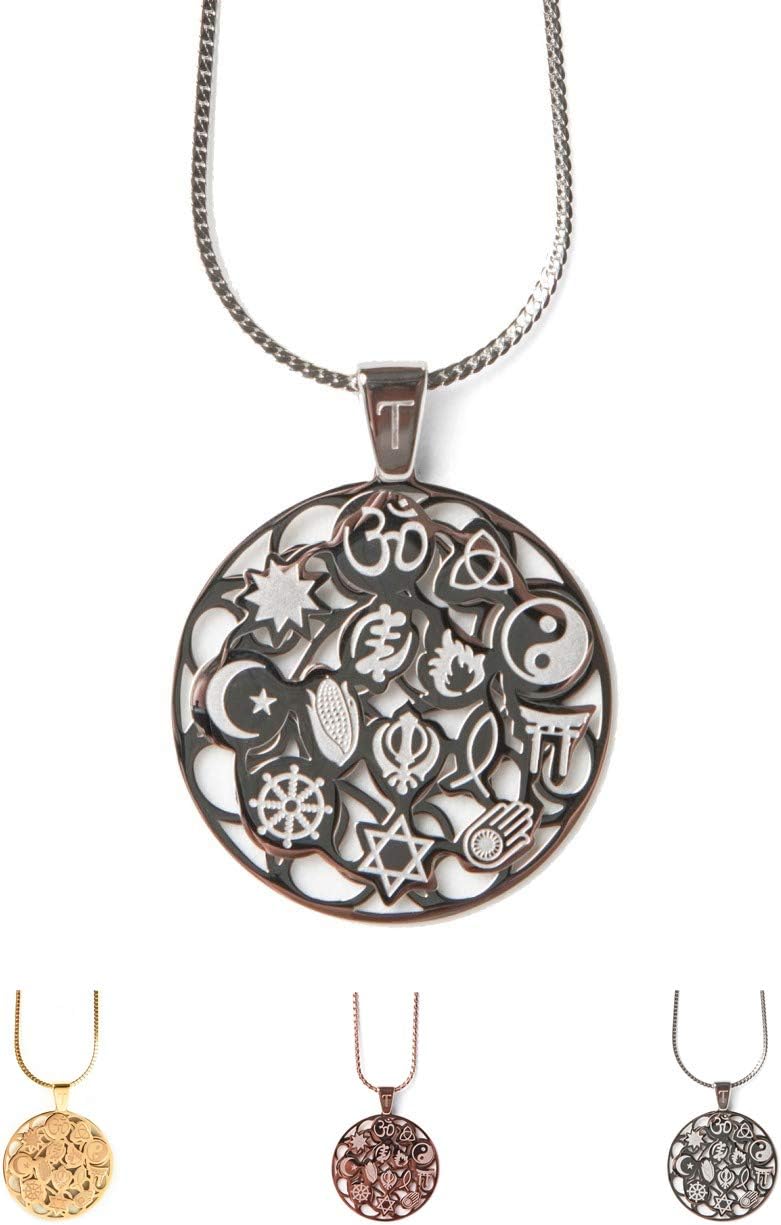 ToleranceSpiritual Stainless Steel Pendant Necklace & a Gift Book | 14 Religious Symbols Fashion Spiritual Jewelry for Women | Multi Religion Pendant Necklace
