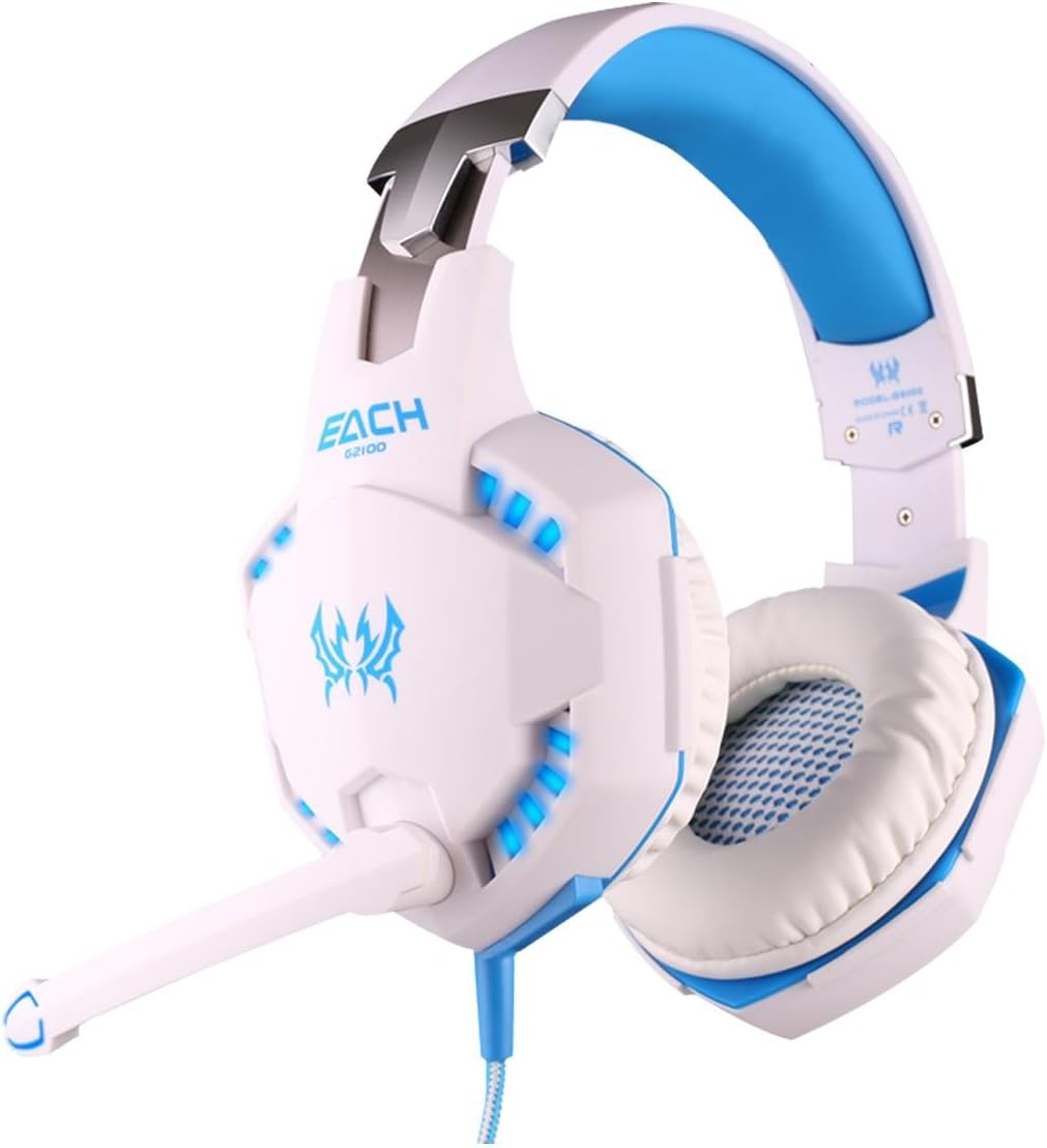 iPeli(TM) EACH G2100 Blue Vibration Function Professional Gaming Headphone Games Headset with Mic Stereo Bass LED Light for PC Gamer(white blue)