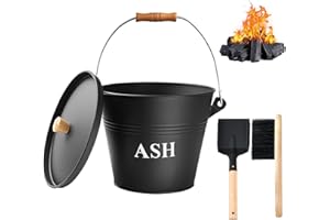 AOREWTGGH Ash Bucket with Lid Shovel and Hand Broom, 1.5 Gallon Fireplace Metal Bucket Reinforced Base & Ash Can, Fire Pit,Wood Burning Stove for Fireplace, Galvanized Iron Tool Set Accessories