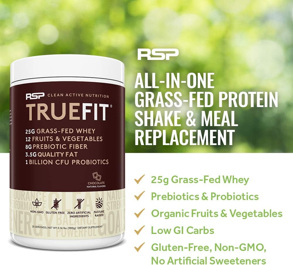 RSP TRUEFIT - Protein Powder Meal Replacement Shake for Weight Loss, Grass Fed Whey, Organic Real Food, Probiotics, MCT Oil, Non-GMO, Gluten Free, No Artificial Sweeteners, 2 LB Chocolate: Health & Personal Care
