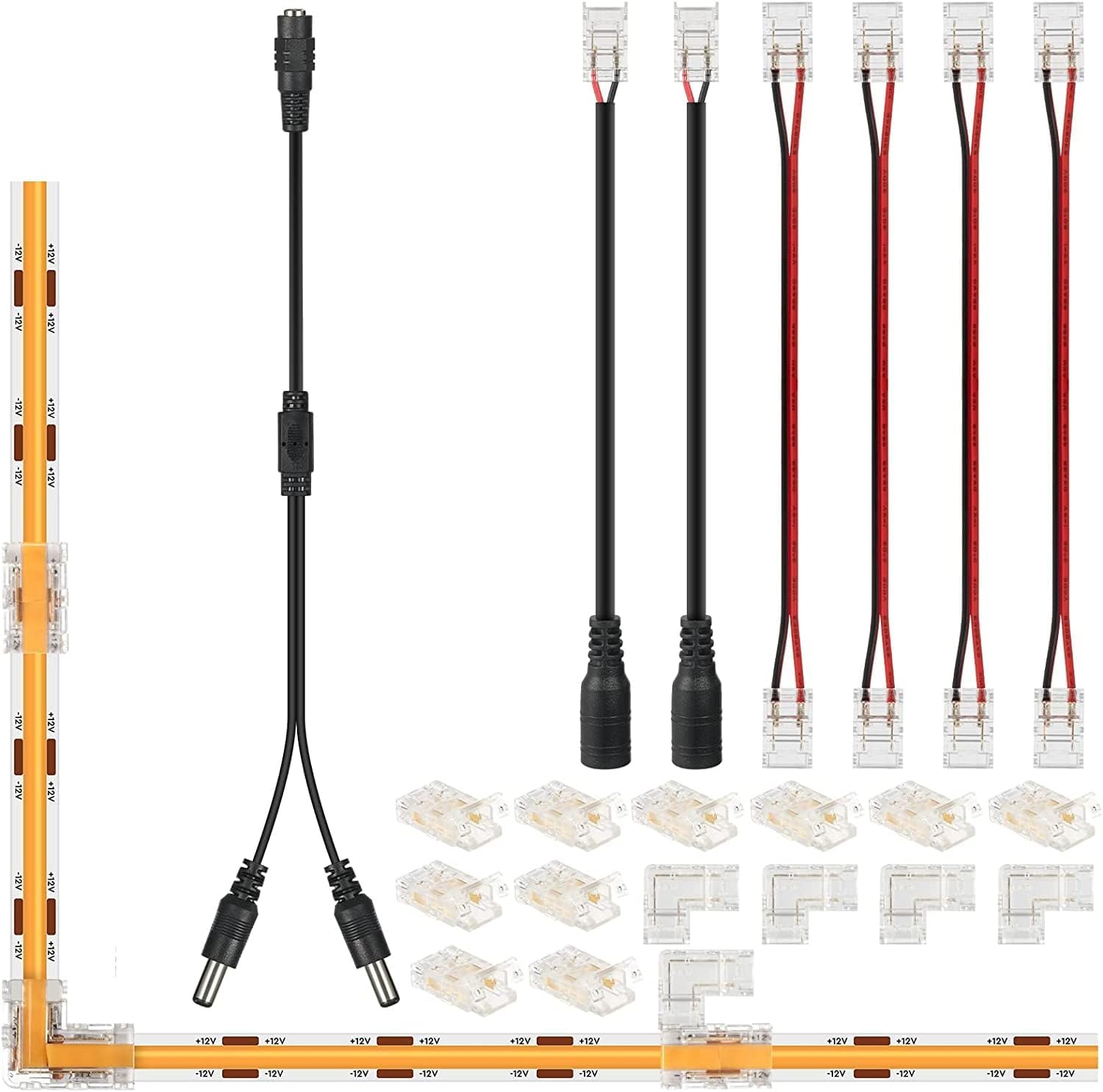 YUTOKEER 2pin COB LED Strip Connector Kit - for 2pin 8mm COB Light Strips, Includes L Shape LED Light Strip Connectors for Adapter, LED Light Connector with Wire