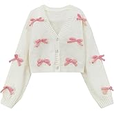 SHENHE Girl's Cute Bow Cardigan Sweater Button Down V Neck Loose Soft Knit Cropped Cardigan