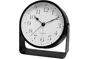 MAXSPACE Analog Alarm Clock - 4.5" Silent Non Ticking Small Clock with Light, Rotatable Stand Metal Desk Clock Battery Operated, Simple Design for Living Room Decor/ Bedroom/Bedside/Shelf (Black-Arabic)