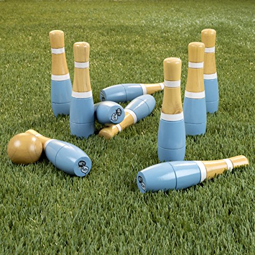 Hey!Play! Lawn Bowling Game/Skittle Ball- Indoor/Outdoor Fun for Kids, Adults -10 Wooden Pins, 2 Balls & Mesh Bag Set, 8 Inch, Blue/White