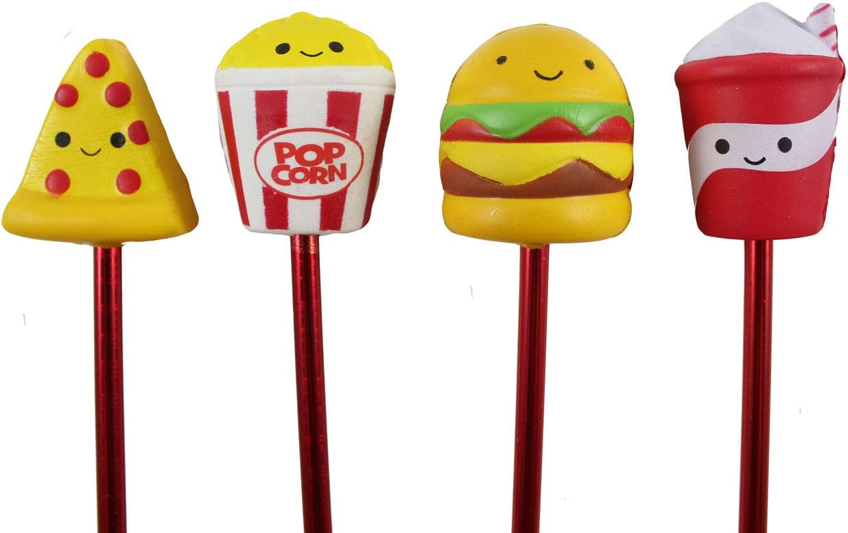 Set of 4 Cute Junk Food Pens - Fun Squishy Office School Fidget Pens - Anxiety ADHD - Gift Burger, Popcorn, Drink, Pizza