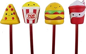Set of 4 Cute Junk Food Pens - Fun Squishy Office School Fidget Pens - Anxiety ADHD - Gift Burger, Popcorn, Drink, Pizza
