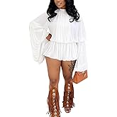 Unybwonn Women Shorts Sets Ruched Mock Neck Bell Sleeve Chiffon Top Blouse Pleated Ruffle Bubble Short Set Romper