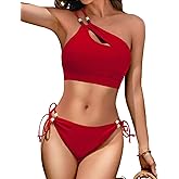 Zeregos Women's One Shoulder Cutout Bikini Set 2 Piece Swimsuit Cheeky Bikini Beads Bathing Suit