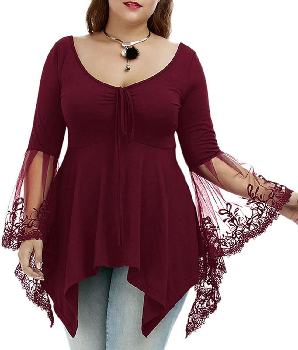 Bluewolfsea Womens Elegant V Neck Lace Long Sleeve Babydoll Top Blouses TShirts XLarge