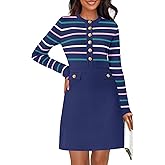 MEROKEETY Women's Long Sleeve Striped Sweater Dress Button Crewneck Fall Bodycon Formal Mini Dresses
