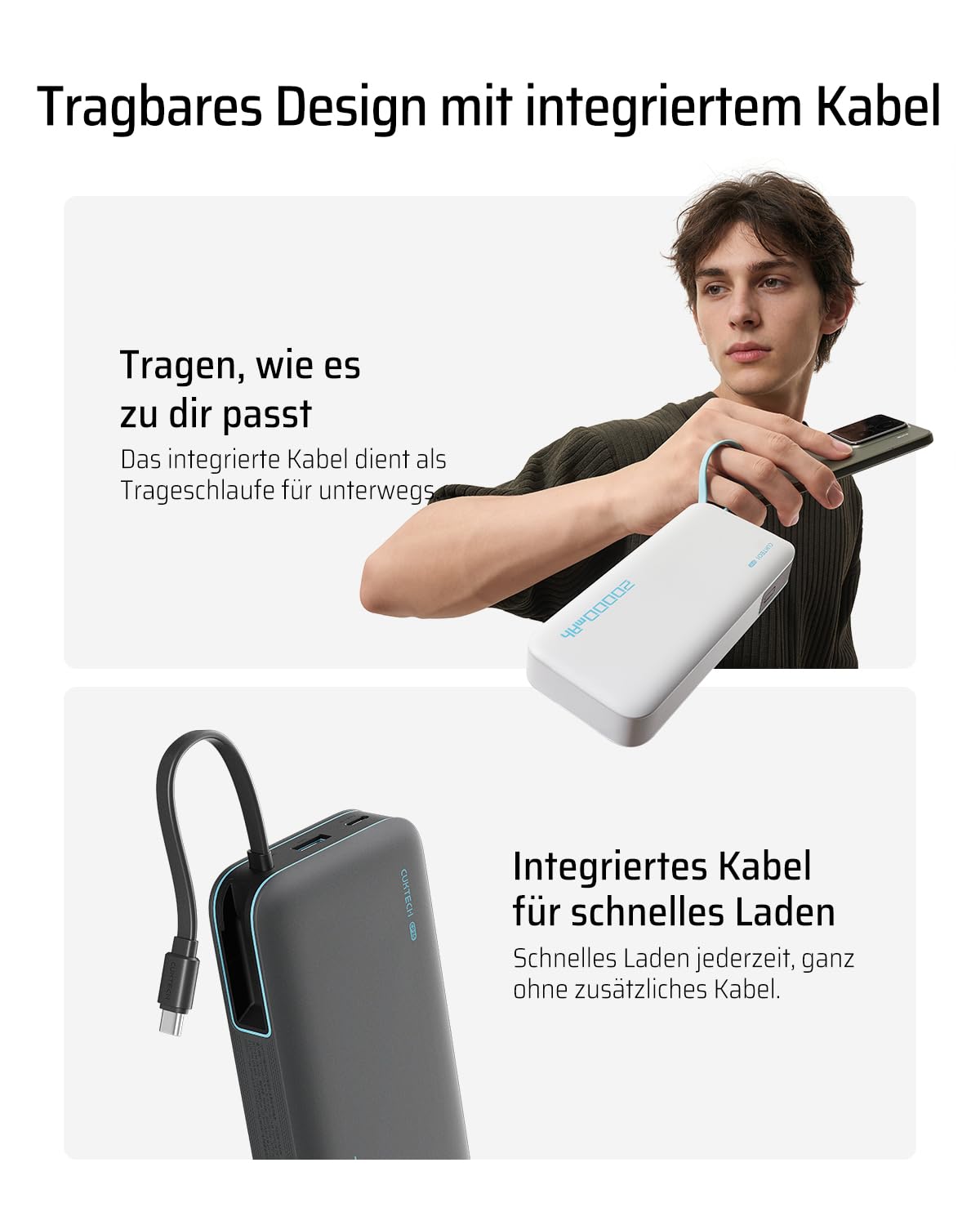 CUKTECH 20000mah Power Bank, 45W Powerbank mit Integriertem USB-C Kabel, Externe Handyakkus mit Schnellladefunktion, Externer Akku mit Digitales Display für iPhone 16/15 Pro Max, MacBook, Galaxy S25 4