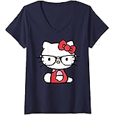 Womens Hello Kitty Nerd Glasses V-Neck T-Shirt Small