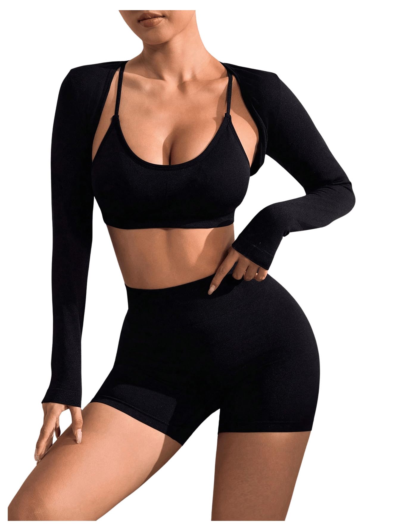 Photo 1 of (USED/FAIR) (MEDIUM) SOLY HUX Workout Sets for Women 3 Piece Outfits Seamless Sports Bra and High Waisted Shorts with Bolero Crop Top Pure Black Medium