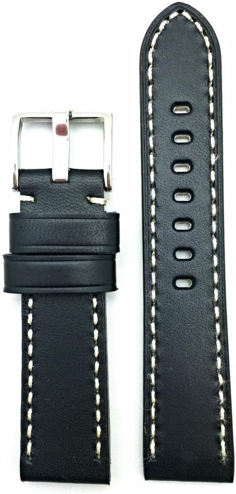 NewLife22mm Black Leather Watchband Compatible with Panerai Watch | Smooth, Solid, Thick Padded Replacement Watchstrap Bracelet that brings to Any Watch (Mens Standard Length)