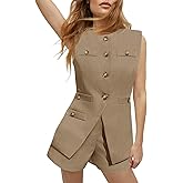 Tankaneo Womens 2 Piece Outfits Casual Suit Sets Sleeveless Button Down Blazer Vest Shorts Office Business Matching Set
