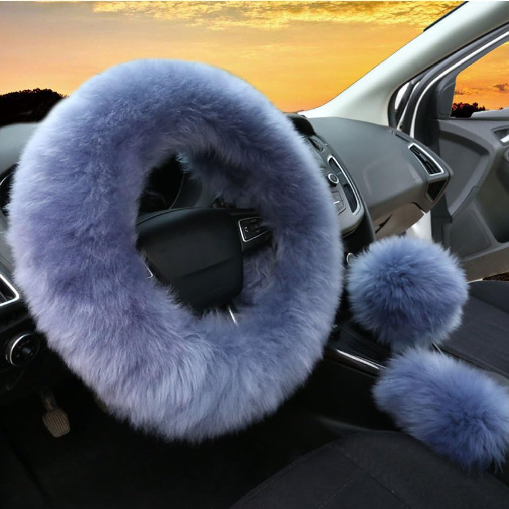 3Pcs Set Womens Winter Fashion Wool Fur Soft Furry Steering Wheel Covers Blue Fluffy Handbrake Cover Gear Shift Cover Fuzz Warm Non-slip Car Decoration Long Hair: Automotive