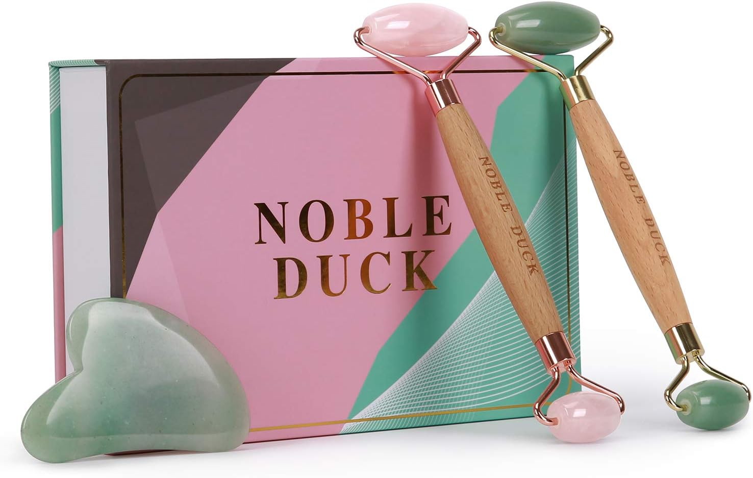 Jade Roller and Gua Sha Set for Face Eyes Skin 100% Real Jade Stone Roller Rose Quartz Roller Kit Gift Set Pink Green Beauty Face Roller for Women Anti Aging Message Facial Roller Massager