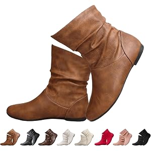 DFPHRACTAL Slouchy Leather Ankle Boots For Women 2026 Winter Low Heel Flats | Comfortable Slip On Round Toe Short Booties Arc