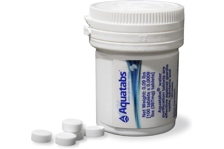 Aquatabs Water Purification Tablets (397mg, 100 Pack). Water Filtration System for Camping, Boating, Emergency Water, Survival Kit, and Marine. Easy-to-Use Water Purifier Treatment.