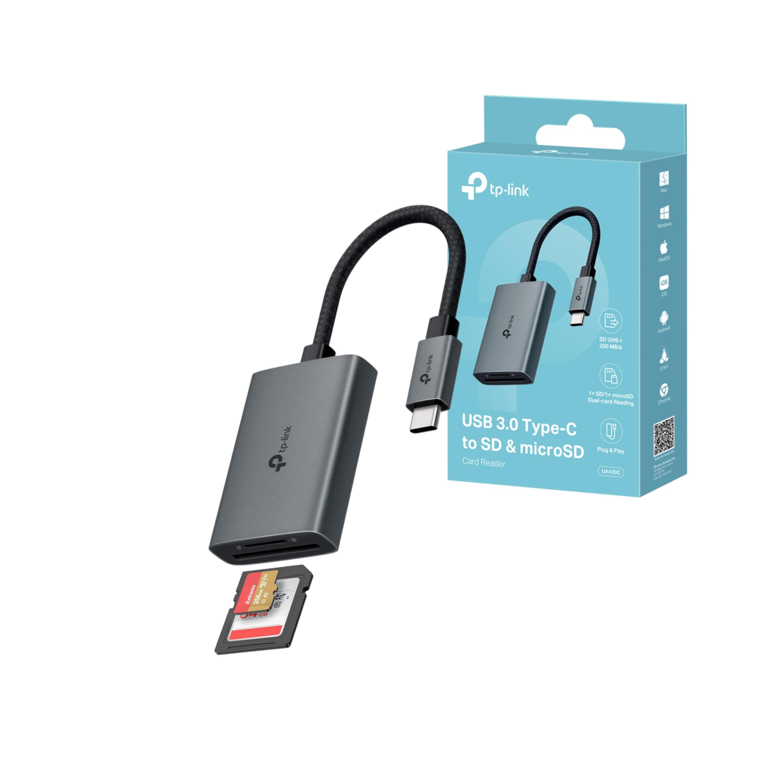 TP-Link UA430C SD Kartenleser USB C, kartenlesegerät auf SD und microSD bis zu 2 TB, USB 3.0, Gleichzeitiges Lesen und Schreiben von Zwei Karten, mit Mac, Windows, iPadOS, iOS, Android