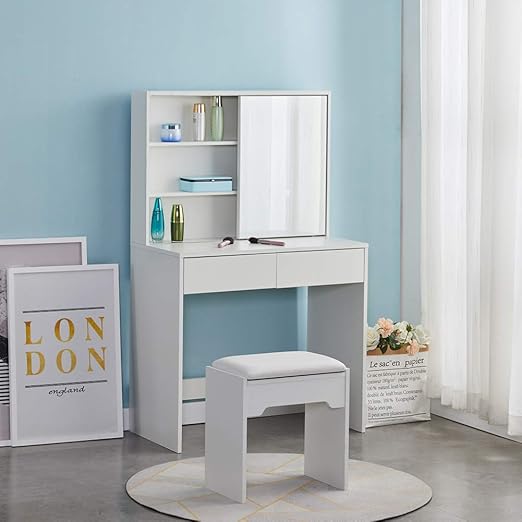 OFCASA Dressing Table Set White Makeup Desk with 2 Drawers Shelves