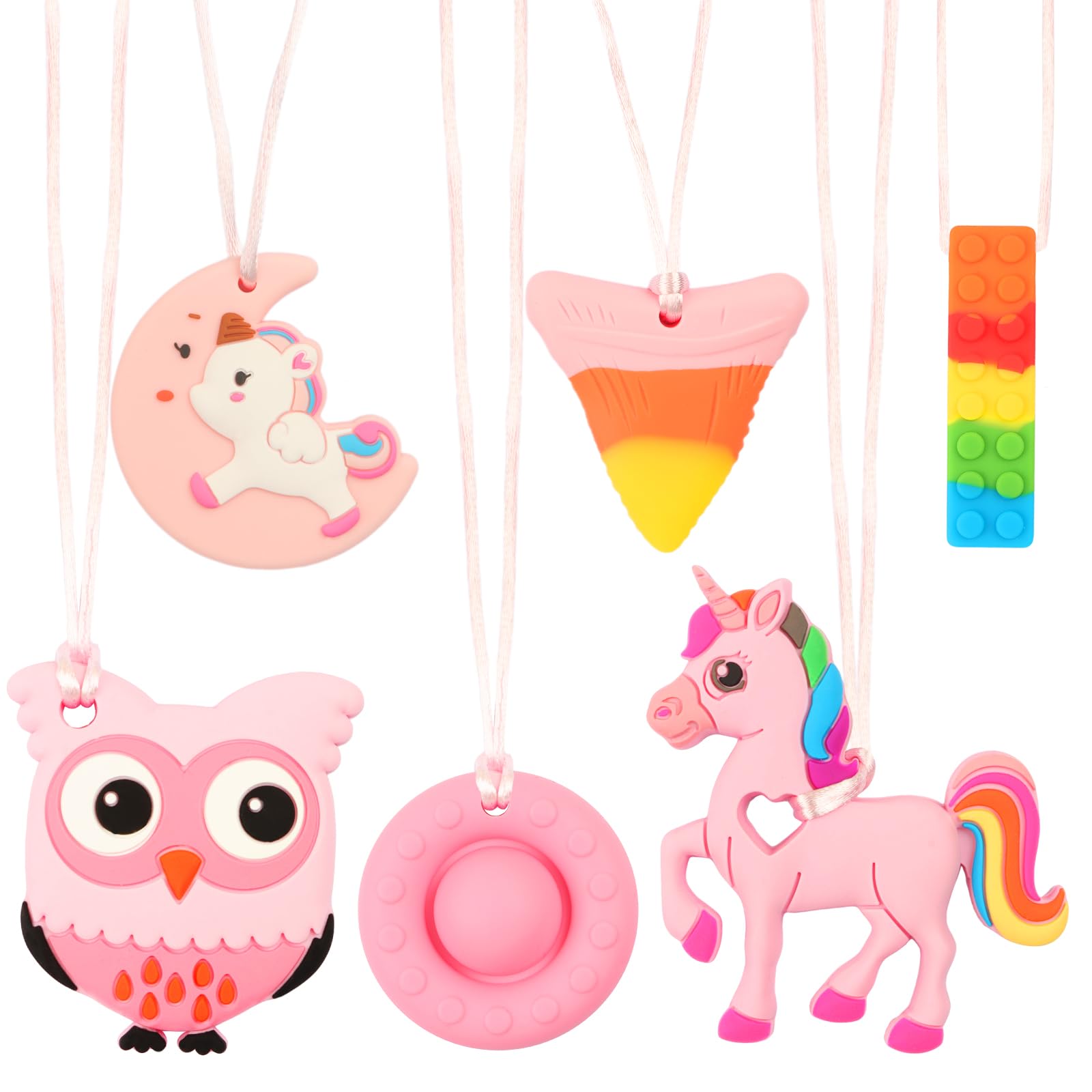 6PCS Sensory Chew Necklace, Biting Toys for Autistic Kids,Chewy Necklace Value Pack,Teether Toys for Children with Autism, ADHD,Safe, Durable, & Easy to Clean, Chew Necklaces for Sensory Kids(Pink)
