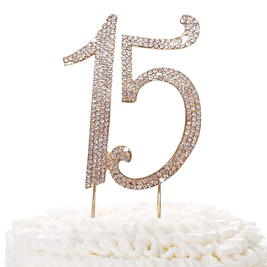 15 Gold Cake Topper | Premium Sparkly Crystal Rhinestones | 15th Birthday or Anniversary Party Decoration Ideas | Quality Metal Alloy | Perfect Keepsake