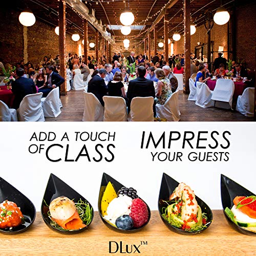DLux 100 4-in Tear Drop Mini Appetizer Plates, Black Plastic Spoons - Desserts and Appetizers Dishes Serving Plate - Disposable Asian Spoon Set, Small Catering Dessert Tasting Cups - with Recipe Ebook