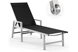 Vexwalx Patio Chaise Lounge Chair Outdoor with Wheels&Armrests, Aluminum Pool Lounge Chairs 5-Position Adjustable Recliner, Outdoor Beach Lounge Chairs for Poolside, Patio, Deck, Yard, Black