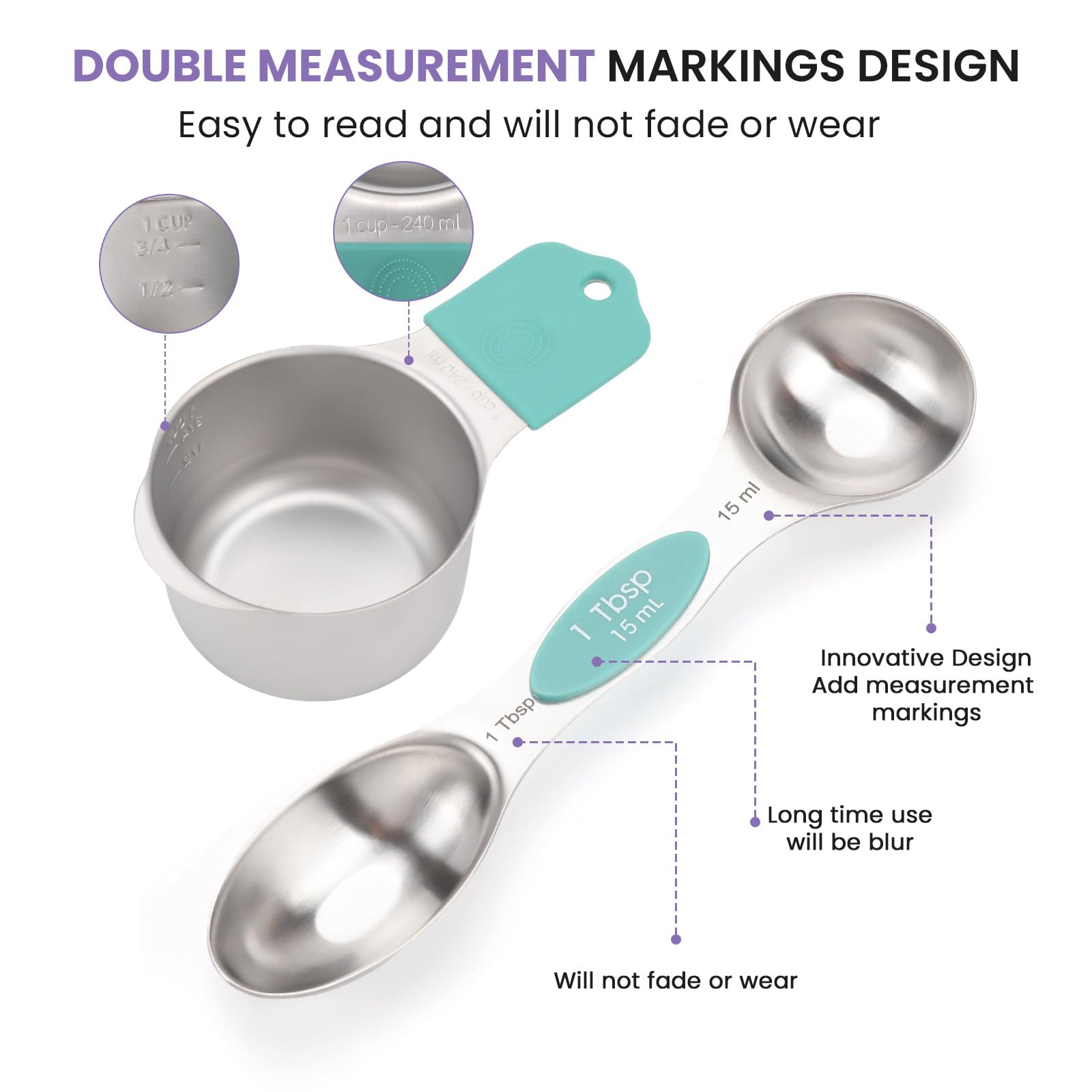 Magnetic Measuring Cups and Spoons Set-Heavy Duty 304 Stainless Steel，Double Measurement Markings，Set of 16 with Leveler for Measure Dry and Liquid Ingredients