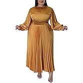 Women's Plus Size Maxi Dresses 2026 Fall Lantern Long Sleeve Flowy Swing Pleated Maxi Dresses