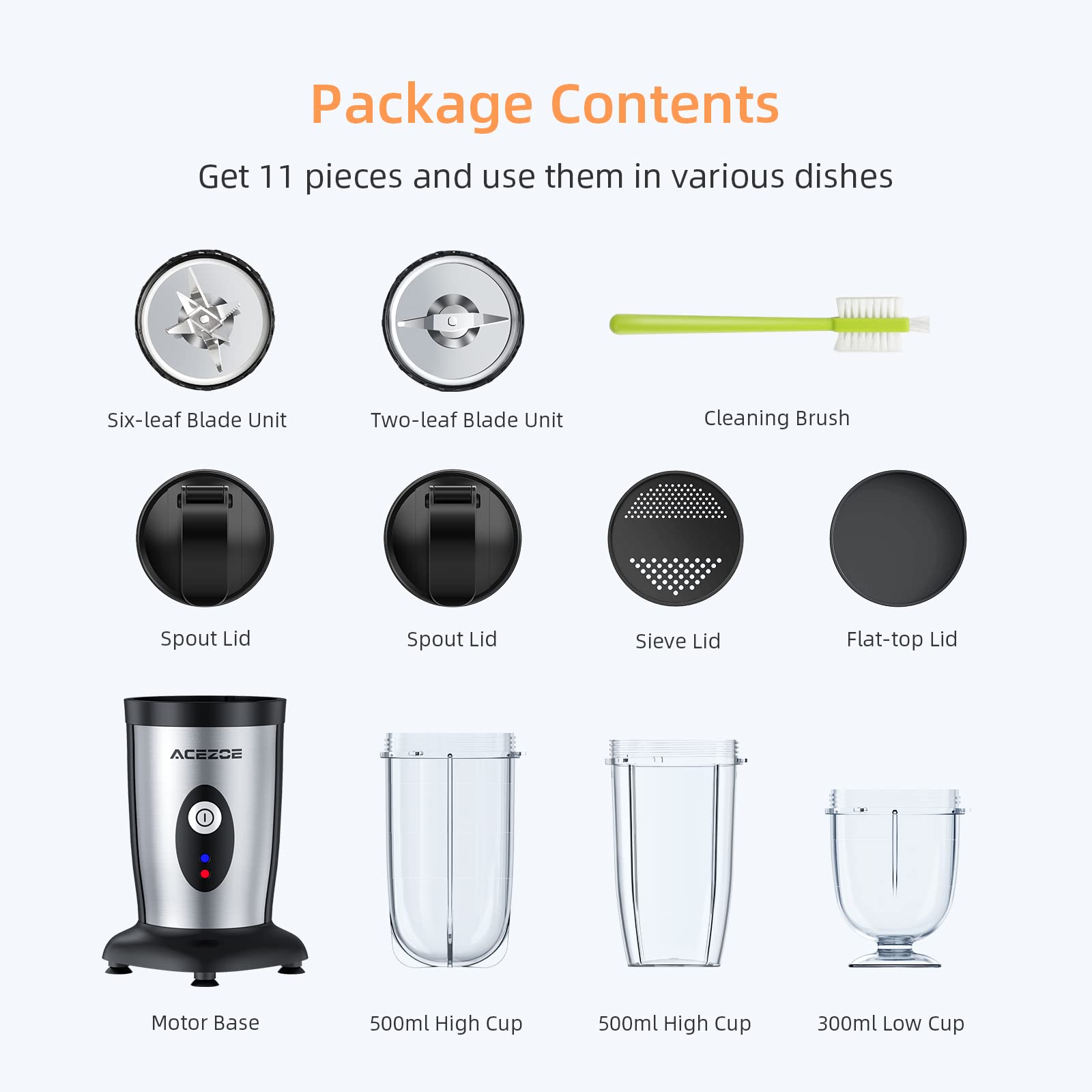 Acezoe 850W Personal Blender for Shakes and Smoothies, 5 in 1 Blenders for Kitchen, with 6 fins Blade, 2x500ml Portable Bottle, 1 Grinding Cup, for Fruit, Juice, Vegatable, Easy to Clean-Silver
