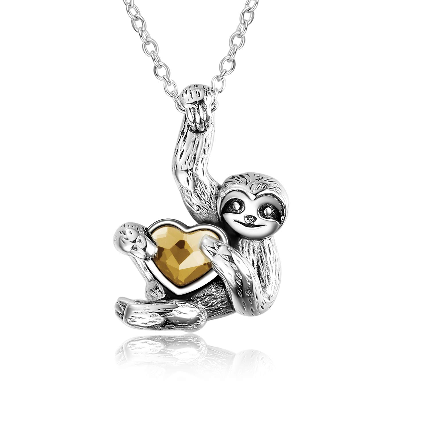 YAFEINI Sloth Gifts Sterling Silver Sloth Necklace Animal Sloth Jewellery Heart Crystal Sloth Pendant for Women Men
