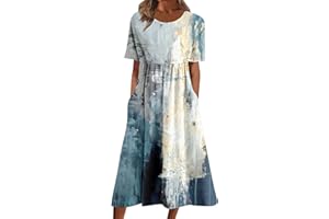 GENERIC Black Dresses for Women Women Casual Loose Crew Neck Bohemian Floral Dress Short Sleeve Long Maxi Summer Beach