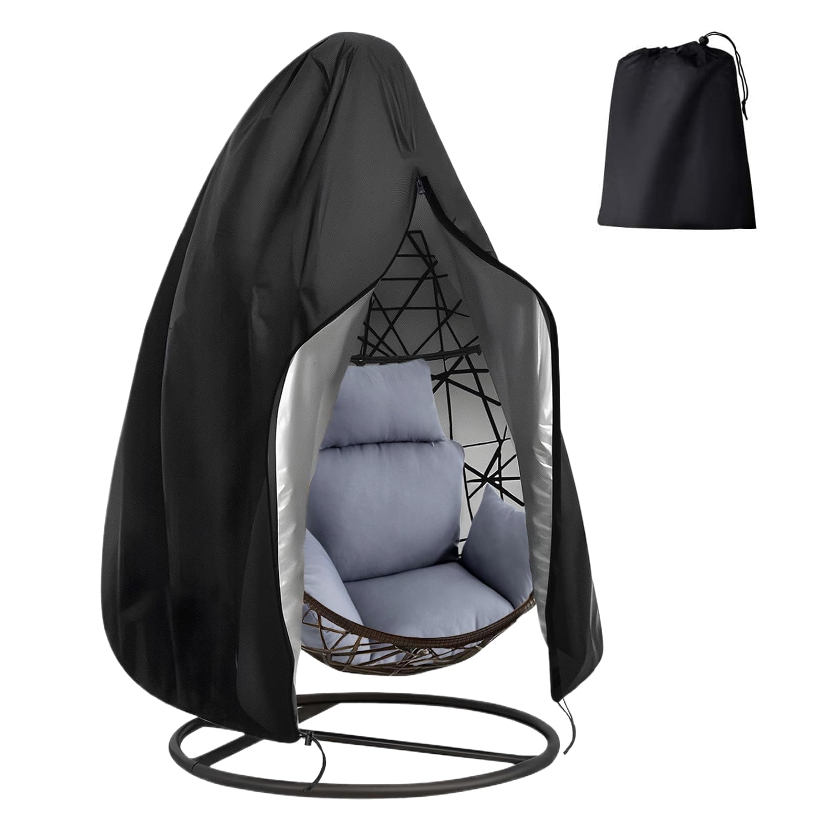 Egg Chair Cover Waterproof, Patio Hanging Chair Cover, Outdoor Single Seat Swing Egg Chair Cover with Zipper, 210D Heavy Duty Veranda Garden Large Cover for Egg Chair on stand 190 * 115cm, Black