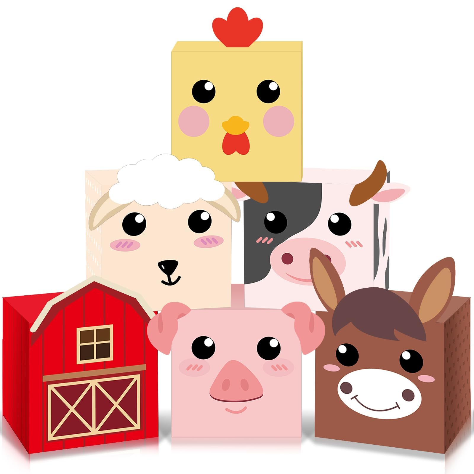 Photo 1 of 6PCS Farm Animal Party Favor Boxes Farm Theme Birthday Decorations Farmhouse Gift Boxes, Large Cardboard Candy Goodie Boxes Barnyard Animals Treat Boxes for Kids Barn Horse Baby Shower Party Supplies