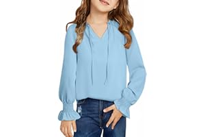DOKOTOO KIDS Girls Cute Long Sleeve Chiffon Blouses 2023 Casual V Neck Smocked Cuffs Shirts Tops 7-15 Years