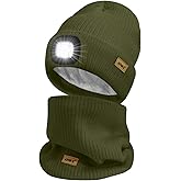 ATNKE LED Lighted Beanie Hat and Scarf Suit,USB Rechargeable 4 LED Run Headlamp Lined Fleece Cap Light for Men and Women