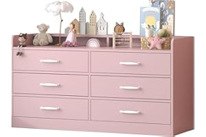 Bigbiglife Kids Dresser with 6 Deep Drawers, Nursery Dresser with Tabletop Rail, Baby Dresser for Bedroom, Wooden Storage Cabinet with Metal Handles for Toys/Clothes/Books, 15.8"D x 47.2"W x 25.2"H