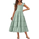 Arshiner Girls Maxi Summer Short Flutter Sleeve Casual Dress with Pockets for 4-14 Y